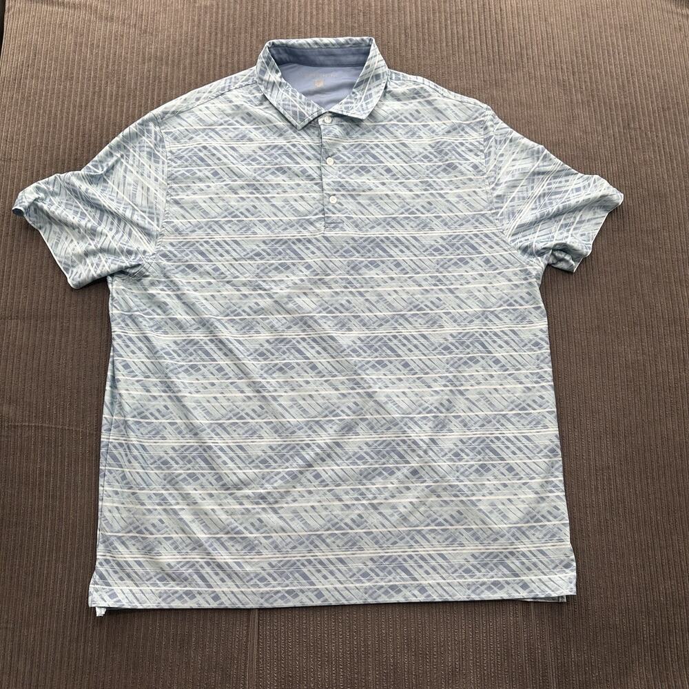 Hickey‎ Freeman Men Polo 2XL XXL Storm Blue Fern Stripes Polyester Golf Golfing.